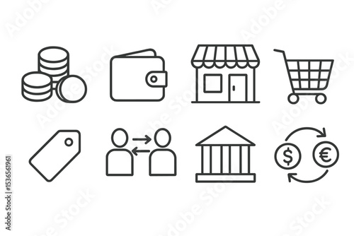 Game Economy Icons. Line style icons for game economy: coins, wallet, shop, cart, price tag, trade, bank, currency exchange.