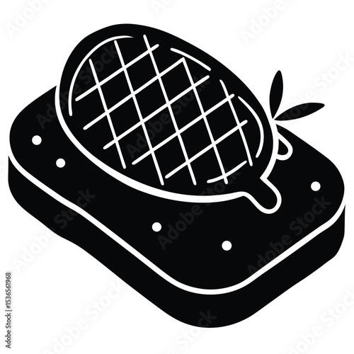 Delicious grilled steak with herbs resting on a square slice of bread black and white illustration