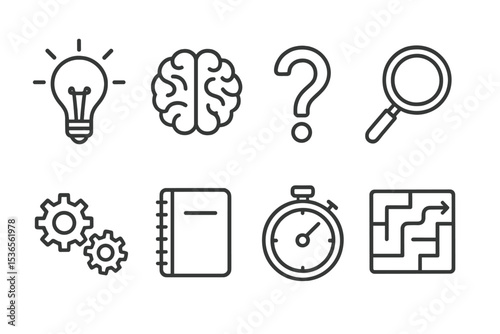 Brain Teaser Icons. Line style icons for brain teasers: light bulb, brain, question mark, magnifying glass, gears, notebook, timer