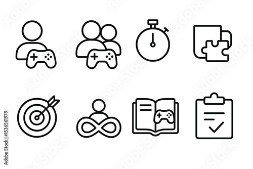 Game Mode Icons. Line style icons for game modes: single player, multiplayer, timed, casual, challenge, endless, tutorial,