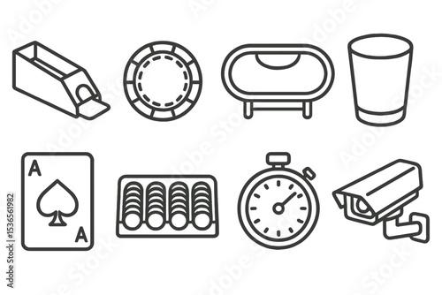 Casino Icon Set. Line style icons for casino accessories: card shoe, dealer chip, casino table, dice cup, playing card, chip rack,