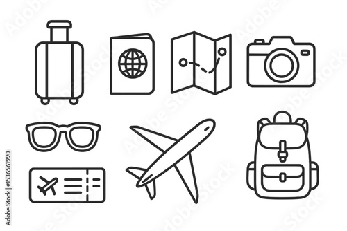 Travel Essentials Icons. Line style icons for travel essentials: suitcase, passport, map, camera, sunglasses, plane, ticket,