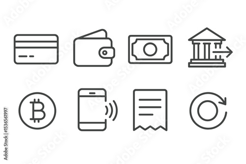 Payment Method Icons. Line style icons for payment methods: credit card, e-wallet, cash, bank transfer, cryptocurrency, mobile pay