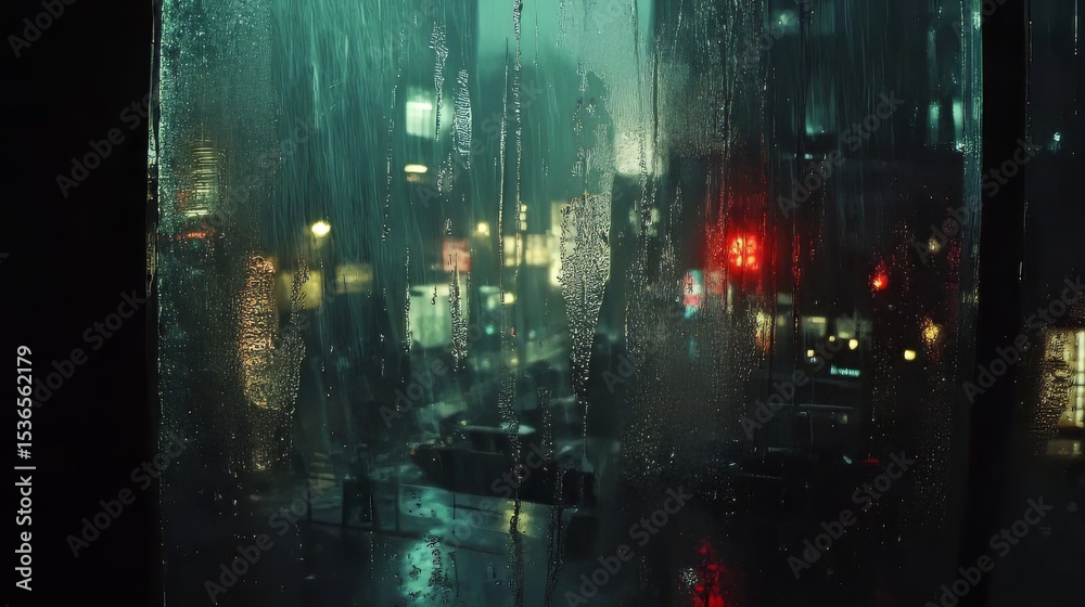 Obraz premium Rainy day city window view with raindrops, 4K background