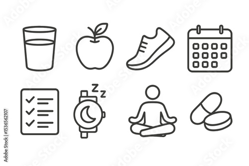 Healthy Habits Icons. Line style icons for healthy habits: water glass, apple, running shoe, calendar, checklist, sleep tracker,