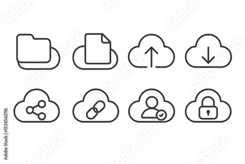 Cloud Storage Icons. Line style icons for cloud storage: folder, file, upload, download, share, link, permission, lock.