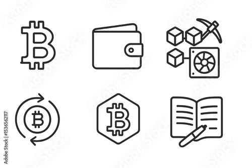 Cryptocurrency Line Style Icons. Line style icons for cryptocurrency: bitcoin symbol, wallet, blockchain, mining rig, exchange,