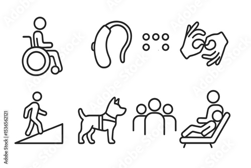 Special Needs Icons. Line style icons for special needs support: wheelchair, hearing aid, braille, sign language, accessible ramp,