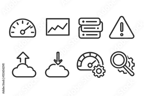 Performance Icons Collection. Line style icons for performance monitoring: speedometer, graph, logs, alert, uptime, downtime, load