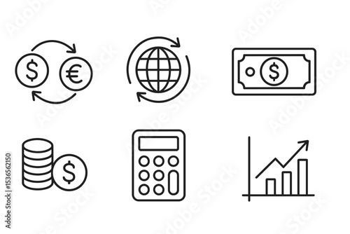 Currency Exchange Icons. Line style icons for currency exchange: currency symbols, exchange arrows, globe, wallet, banknotes,