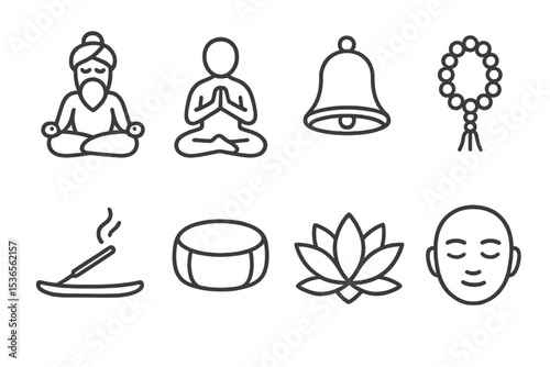 Meditation Line Icons. Line style icons for meditation guidance: guru, chanting, bell, mantra, incense, cushion, lotus, calm face.
