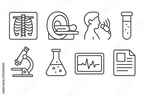 Diagnostic Icons. Line style icons for diagnostics: x-ray, MRI, ultrasound, blood test, microscope, lab flask, ECG, report.