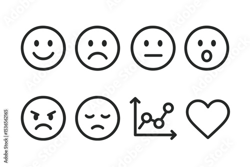 Mood Tracking Icons. Line style icons for mood tracking: happy face, sad face, neutral face, surprised face, angry face, tired