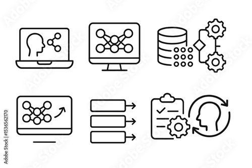 Machine Learning Icons. Line style icons for machine learning: training, model, dataset, algorithm, prediction, data flow,