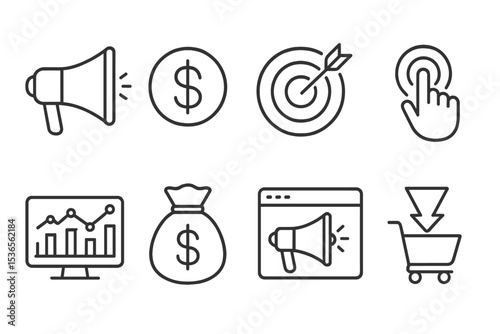 Line Style Icons. Line style icons for social media ads: megaphone, dollar sign, target, click, analytics, budget, campaign,