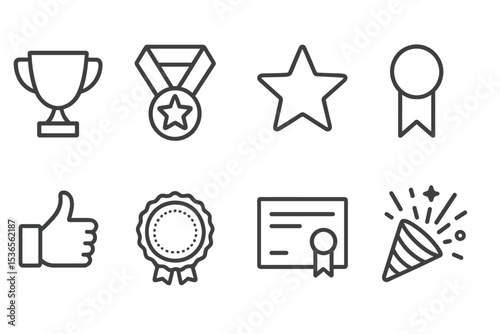 Motivational Icons. Line style icons for motivation and rewards: trophy, medal, star, ribbon, thumbs up, badge, certificate,
