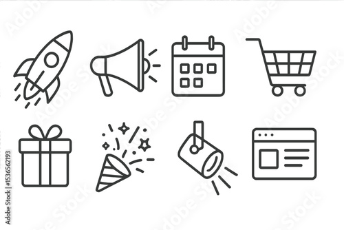 Product Launch Icons. Line style icons for product launch: rocket, megaphone, calendar, shopping cart, gift box, confetti,