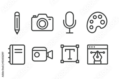 Content Creation Icons. Line style icons for content creation: pencil, camera, microphone, palette, notebook, video camera, text