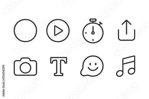 Line Style Media Icons. Line style icons for stories and reels: circle, play button, timer, upload, camera, text, stickers, music.