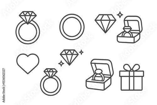 Wedding Rings Icons. Line style icons of wedding rings: engagement ring, wedding band, diamond, ring box, heart, sparkling gem,