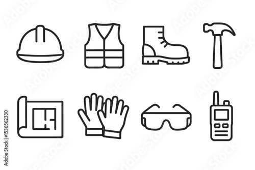 Construction Tools Icons. Line style icons of construction workers: helmet, vest, boots, hammer, blueprint, gloves, safety glasses