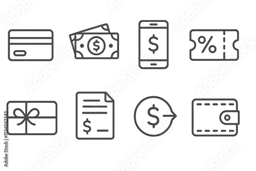 Payment Method Icons. Line style icons of payment methods: credit card, cash, mobile payment, coupon, gift card, invoice, bank
