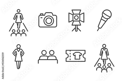 Fashion Event Icons. Line style icons of fashion events: runway, camera, spotlight, microphone, model, audience, ticket, fashion