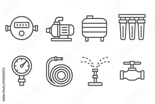 Water System Icons. Line style icons of water systems: water meter, pump, water tank, filtration system, pressure gauge, hose,