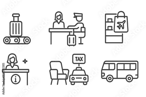 Airport Services Icons. Line style icons of airport services: baggage claim, check-in counter, customs, duty-free shop,