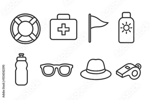 Beach Safety Icons. Line style icons of beach safety: lifebuoy, first aid kit, warning flag, sunblock, water bottle, sunglasses,