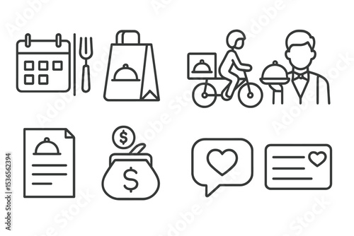 Restaurant Services Icons. Line style icons of restaurant services: reservation, takeaway, delivery, waiter, bill, tip, feedback,