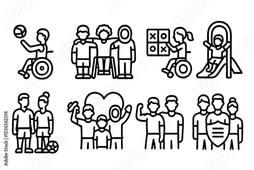 Inclusive Sports Icons. Line styleLine style icons of inclusivity: inclusive sports, team diversity, adapted games, accessible
