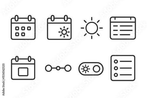 Light Theme Icons. Line style icons of light theme: calendar in light mode, event in bright theme, day view sun layout, weekly