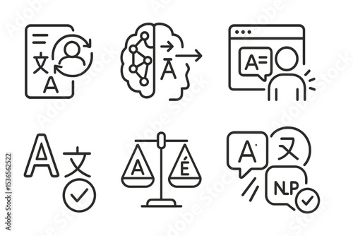 Multilingual AI Icons. Line style icons of multilingual support: AI-driven translation engine, deep learning translation icon,