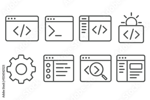 Light Theme Developer Icons. Line style icons of light theme: coding IDE in light theme, terminal window bright style, developer