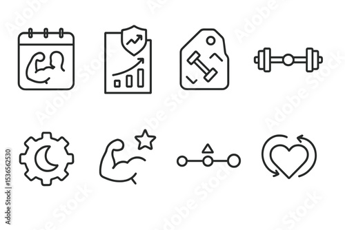 Fitness Planning Icons. Line style icons of personalization: personal workout planner, fitness goal chart, exercise tag icon,