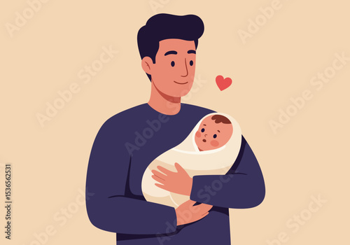 A darkhaired man holding a swaddled baby with a small red heart floating nearby