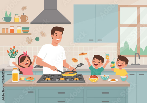 A dad flipping pancakes in a kitchen while 3 kids cheer showing family breakfast time