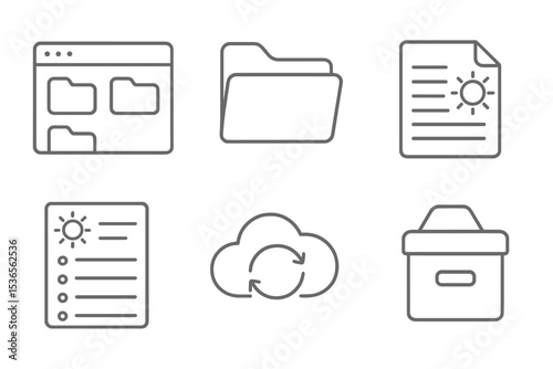 Light Themed File Icons. Line style icons of light theme: file manager light layout, folder icon in white theme, document preview
