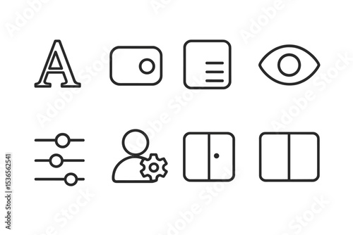 Personalization Icons Pack. Line style icons of personalization: preferred font type, button roundness setting, app layout toggle,