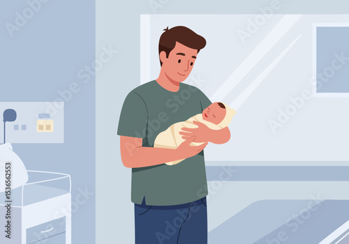 A father holds a sleeping newborn baby in a hospital room