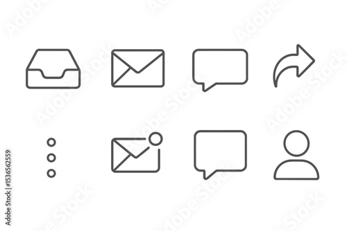 Minimal Line Icons. Line style icons of minimalistic design: subtle inbox icon, mail tag line, clean message bubble, gentle reply