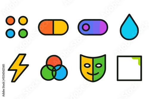 Vibrant Line Icons. Line style icons of bright colors: intense UI dots, color-coded button, color variation toggle, saturated drop