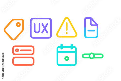 Colorful Line Icons. Line style icons of bright colors: juicy tag outline, bold UX icon, vivid button bar, pop color alert,