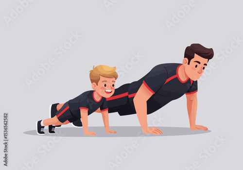 A man and a boy doing pushups sidebyside wearing matching outfits on a solidcolored floor