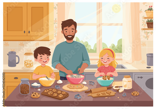 A father  two kids are making cookies in their kitchen theres ingredients cookie cutters and cookies on the counter