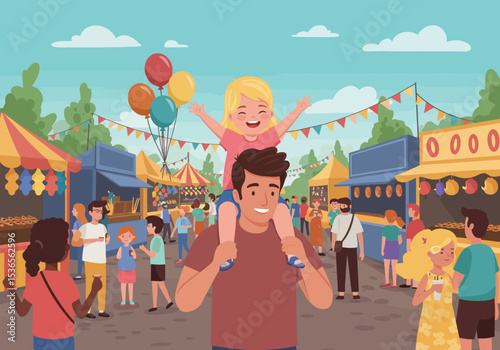 A father with a daughter on his shoulders amidst a busy outdoor festival with tents crowds and flags
