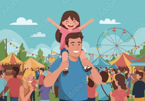 A man with a child on shoulders at a bustling outdoor carnival with rides  tents