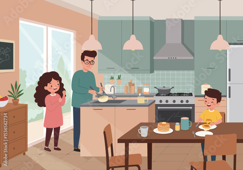 Cartoon kitchen scene man mixing kids eating pancakes at a table