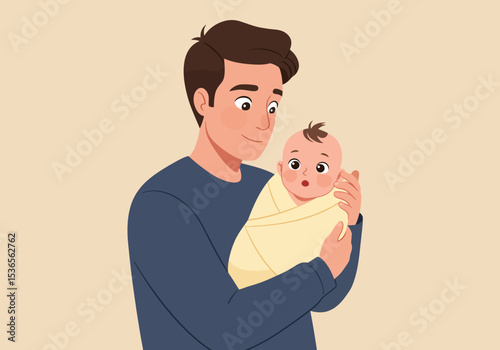 Cartoon of a father holding a swaddled baby